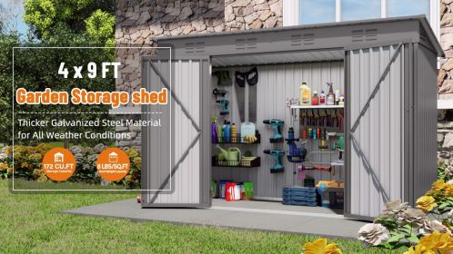 4 x 9 FT Outdoor Storage Shed, Metal Garden Shed Tool House with Sloping Roof,6 vents and 2 Swing Doors for Backyard, Garden,Patio, Garage, Lawn,