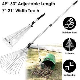 63in Adjustable Garden Leaf Rake 15 Teeth Expanding Stainless Steel Rake For Quick Clean Lawn Yard Garden w/ 7-21inch Teeth Width Folding Head